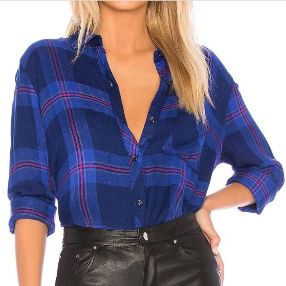 Rails Women’s Sz L Hunter Midnight Ultraviolet Plaid Flannel Rayon L/S Shirt
